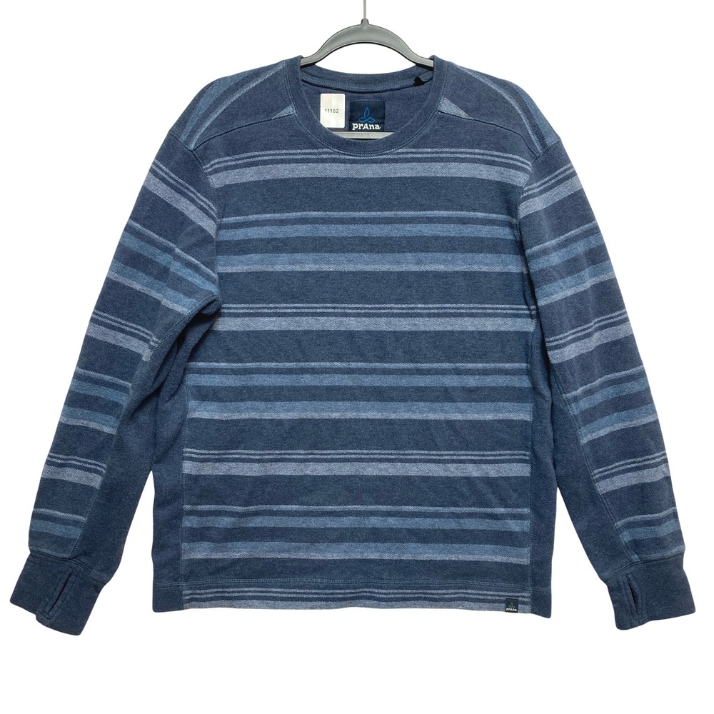 Prana Sweater Mens Large Blue Striped Organic Cotton Crewneck Pullover